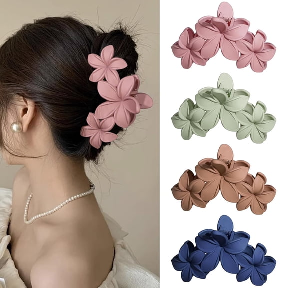XIHAMA 4PACK Hawaiian Plumeria Flower Hair Clips - Large Non-Slip Matte Claw Clips for Women, Strong Hold Beach Hair Accessories