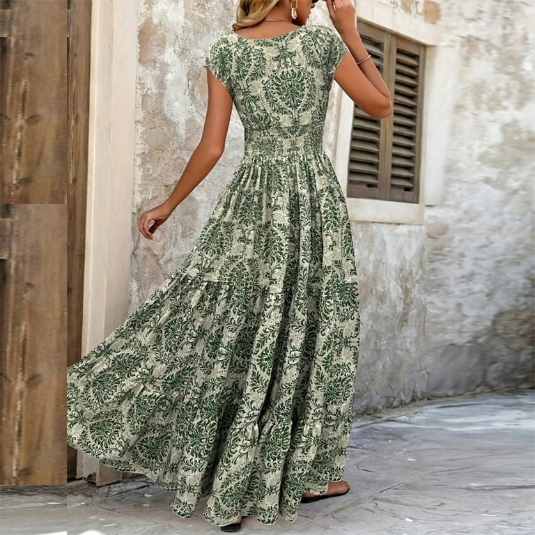 botanical maxi dress Zehjuhan Women's V-Neck Botanical Print Short Sleeve Maxi Dress, Elastic Waist Bohemian Flowy Summer Dress GreenL, Size: Large, Blue