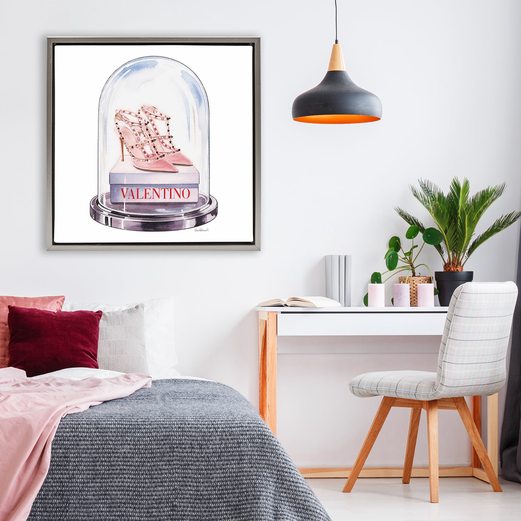 Stupell Industries Pink Heels in Bell Jar Gray Framed Floater Canvas Wall Art, design by Amanda Greenwood