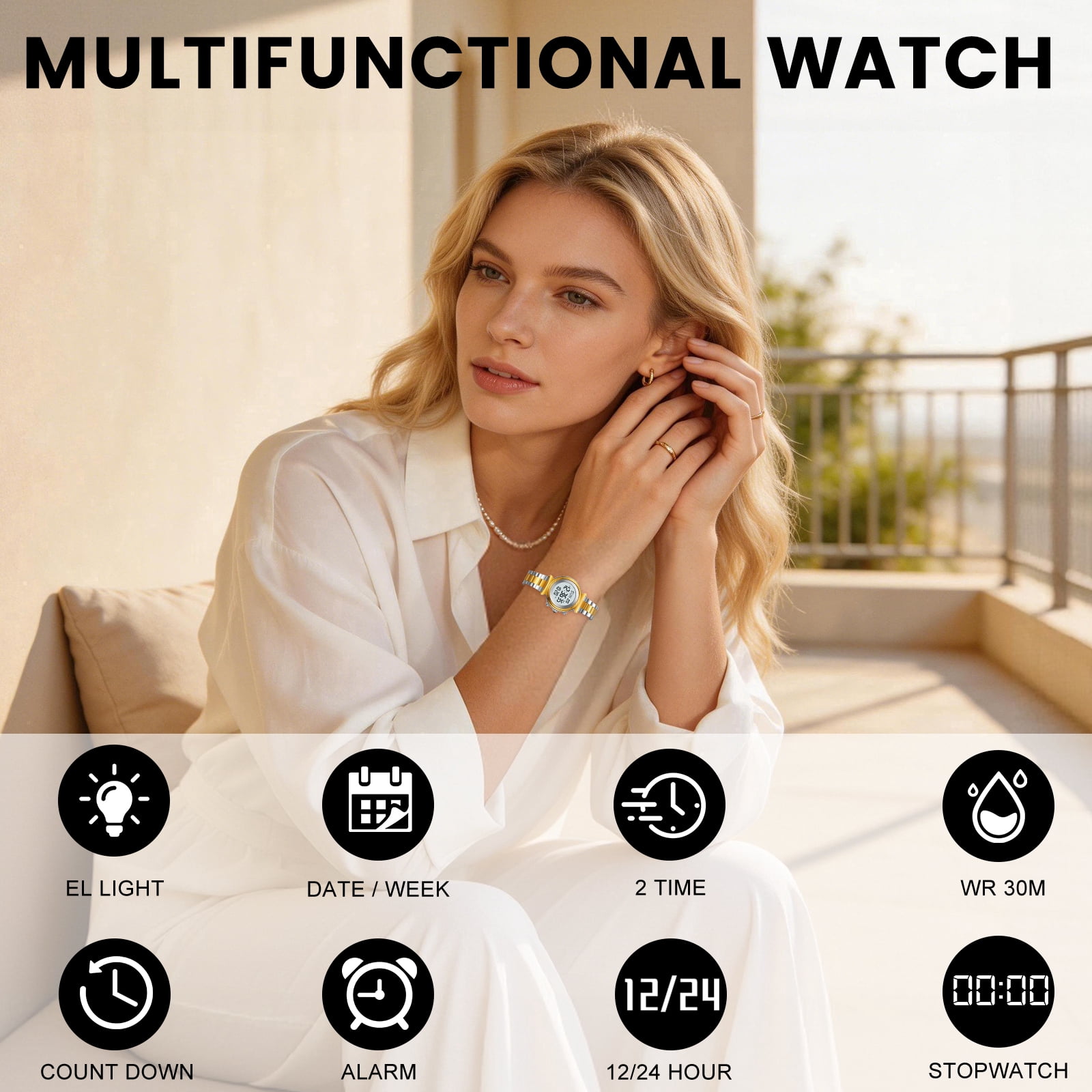 SKMEI Women Digital Watch Waterproof Dual Time Date LED Watch Ladies Business Wristwatch Stainless Steel Watch for Women