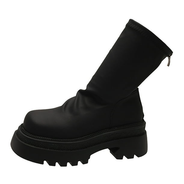 Botas de mujer con tacón de cuña, plataforma, cremallera, botines de moto punk, tacón alto grueso, punta redonda, botas de combate de moda para el trabajo, media pantorrilla para mujer