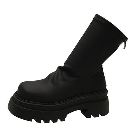 Pu Leather Ankle Chunky Heels Chunky Sole Boots Slip On Booties Shoes Back Zipper Design