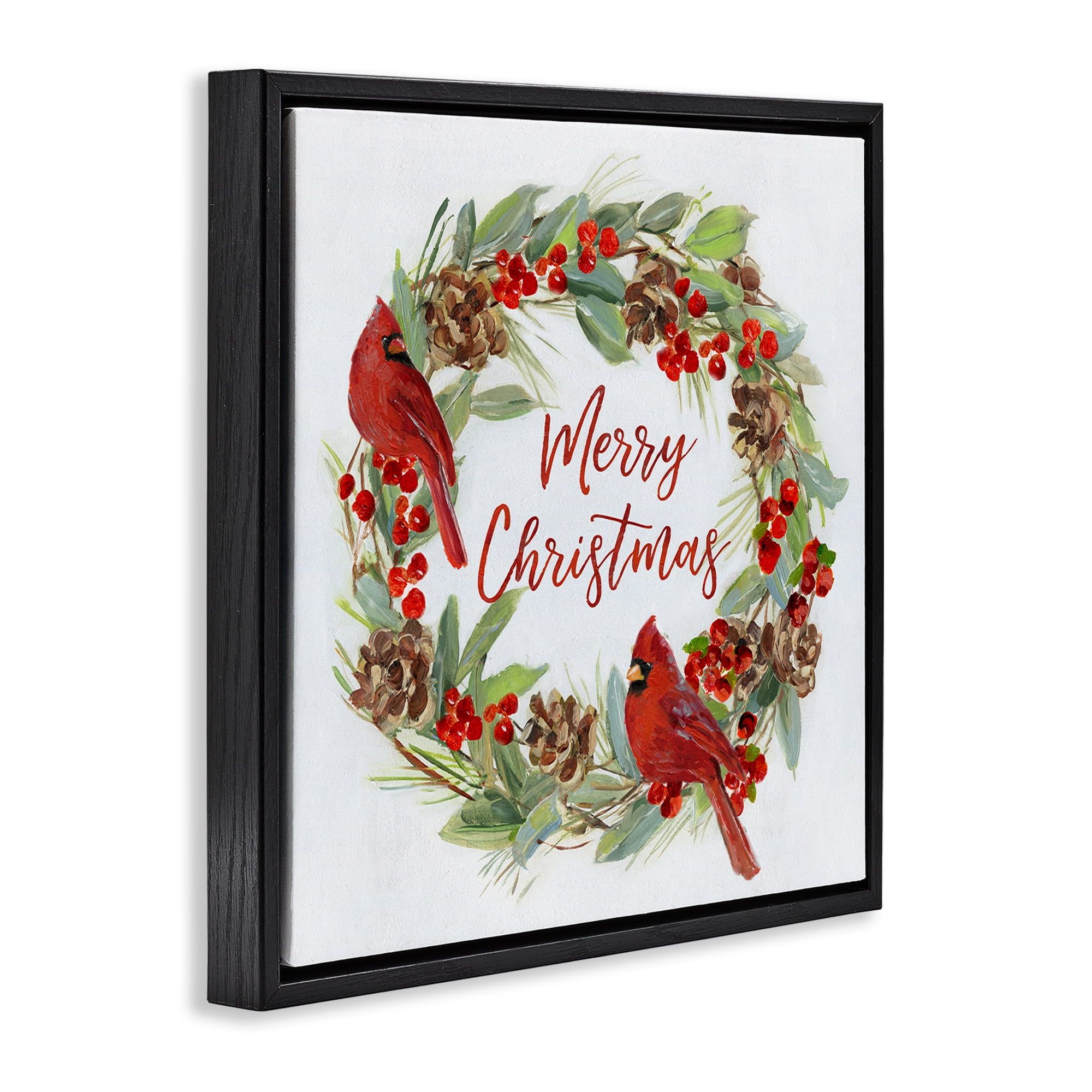Stupell Industries Cardinals & Merry Christmas Holiday Painting Black Floater Framed Canvas Art Prints Wall Art, 25 x 25