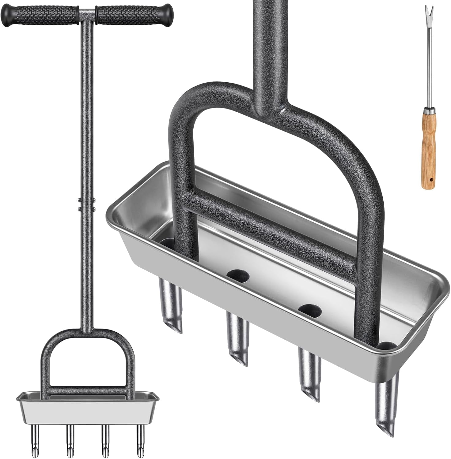 Manual Lawn Aerator with 4 Stainless Steel Coring Tines, Soil Core Storage Tray, and Pre-Assembled Handle for Healthier Grass