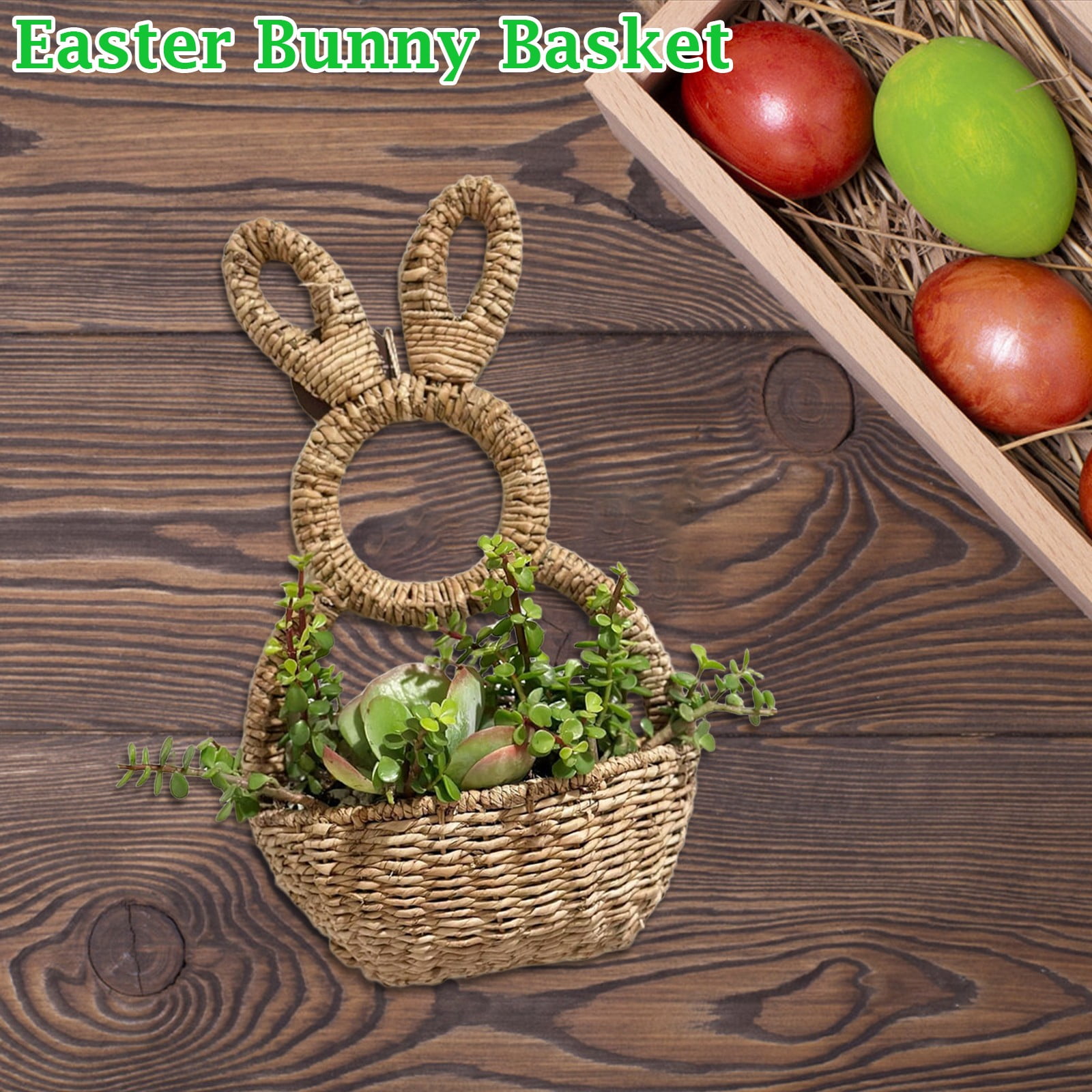 ZZAIXHL Bunny Basket Hanging Wall Pocket Spring Decor - Hand Woven Wicker Easter Basket - Bunny Hanging Ornament, Wicker Easter Baskets Rabbit Statue Spring Wreath for Front Door