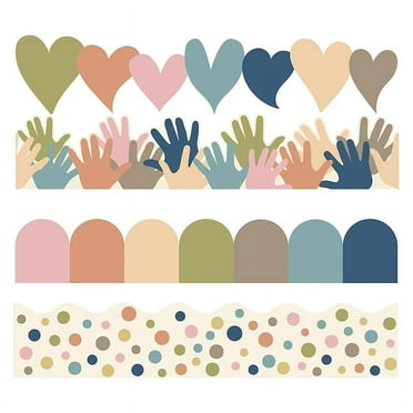 Boho Theme Bulletin Board Borders, Scalloped, Hands, Polka Dots, Multicolor, 4 Rolls