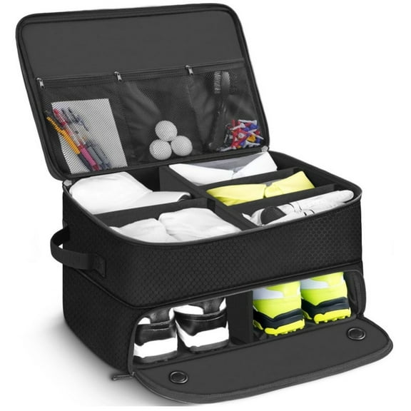 Golf Trunk Organizer for Car SUV with Shoe Compartment & Divider | 2-Layer Golf Storage Bag for Balls, Tees, Accessories | Waterproof Golf Locker Gift for Men, Dad, Golfers