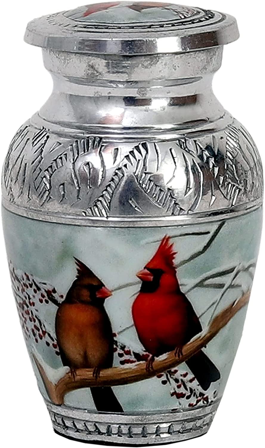 hlc Beautiful Small Lovely Cardinal Couple Bird Keepsake Urn Qnty 1 - Keepsake Urn for Human Ashes with 1 Velvet Box Bag - Peaceful Engraved Mini Memorial Affordable Keepsake Urn (3.5 cu.in)