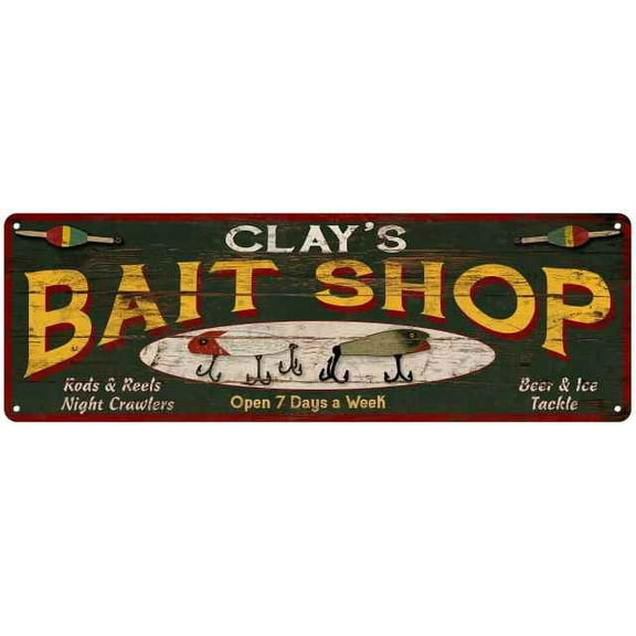 CLAY'S Bait Shop Sign Wood Look Man Cave Den Gift 6x18 Metal 106180024467