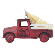 Holiday Time Red Truck with Tree Ornament. Holly Holidays Theme. Red & White Color. Metal Tree Truck Ornament