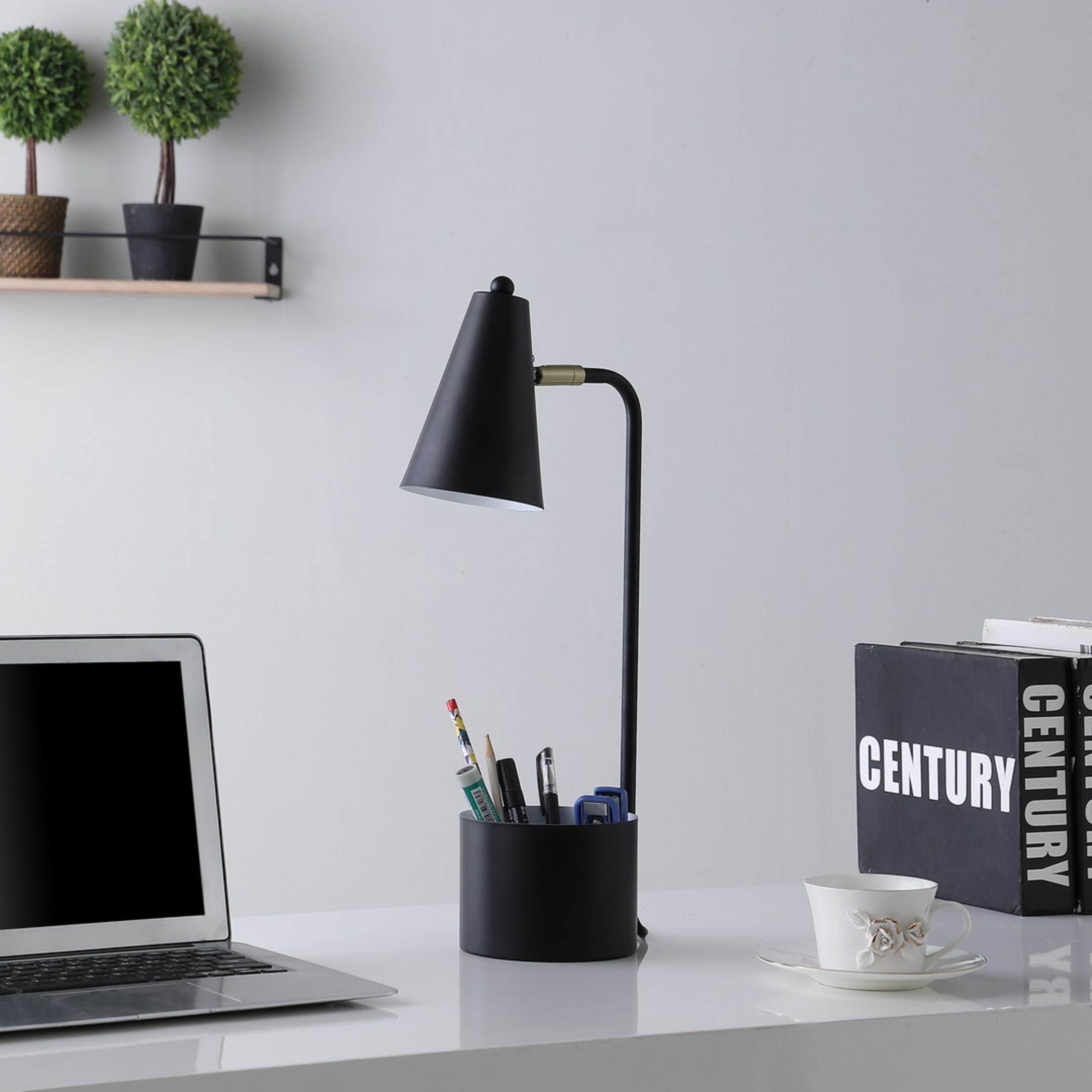 Noble House 19.5" Student Task Desk Lamp, Modern Metal Base with Organizer, Cone Shade, E26 Socket, Black