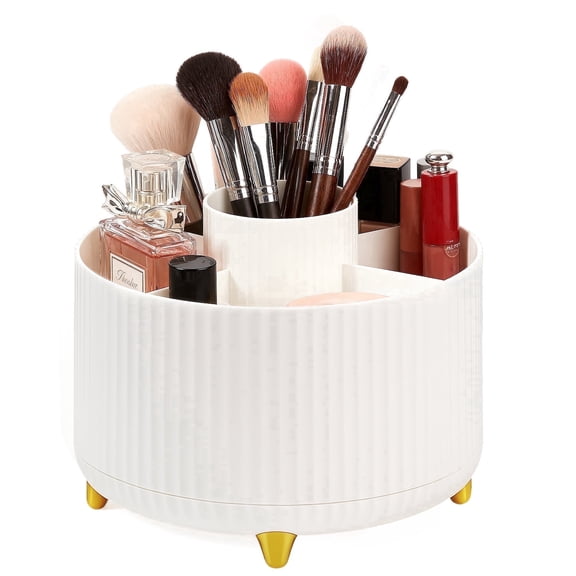 Mber 360 Rotating Makeup Brush Holder Organizer, 5 Slot Cup Tray for Bathroom, Pen Pencil Holder for Home Office Desk Organization, White