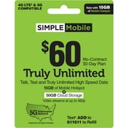 Simple Mobile $60 TRULY UNLIMITED 30-Day Prepaid Plan + 15GB Mobile Hotspot, 50GB Cloud Storage & International Calling Credit Direct Top Up