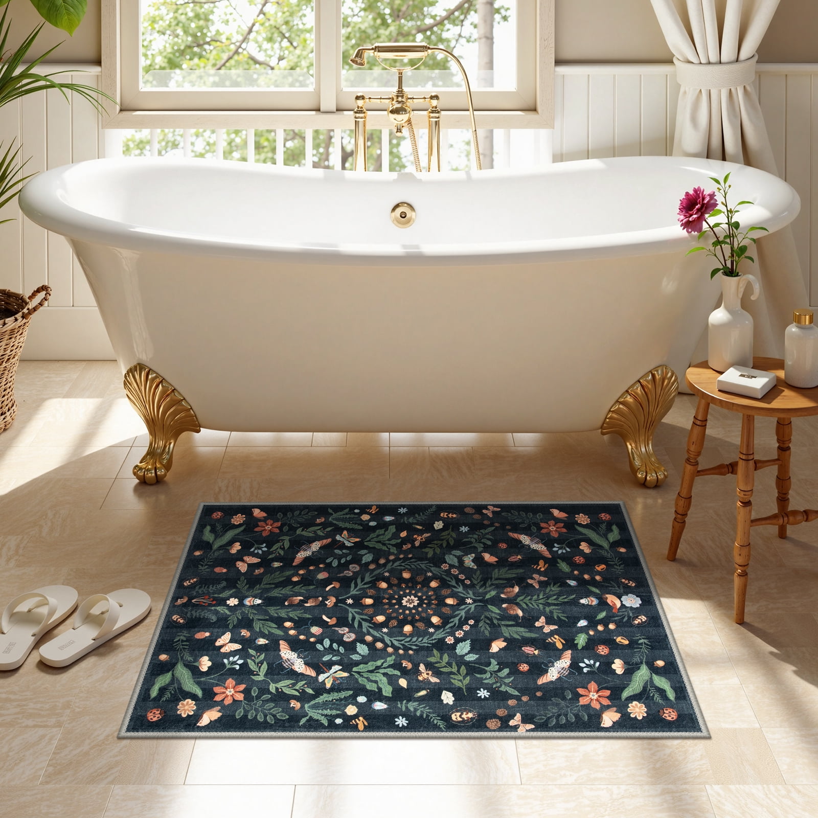 Wonnitar 2x3 Insect Floral Small Rugs for Entryway, Washable Black Boho Door Mat Indoor Entrance, Soft Non-Slip Indoor Carpet for Laundry Bathroom
