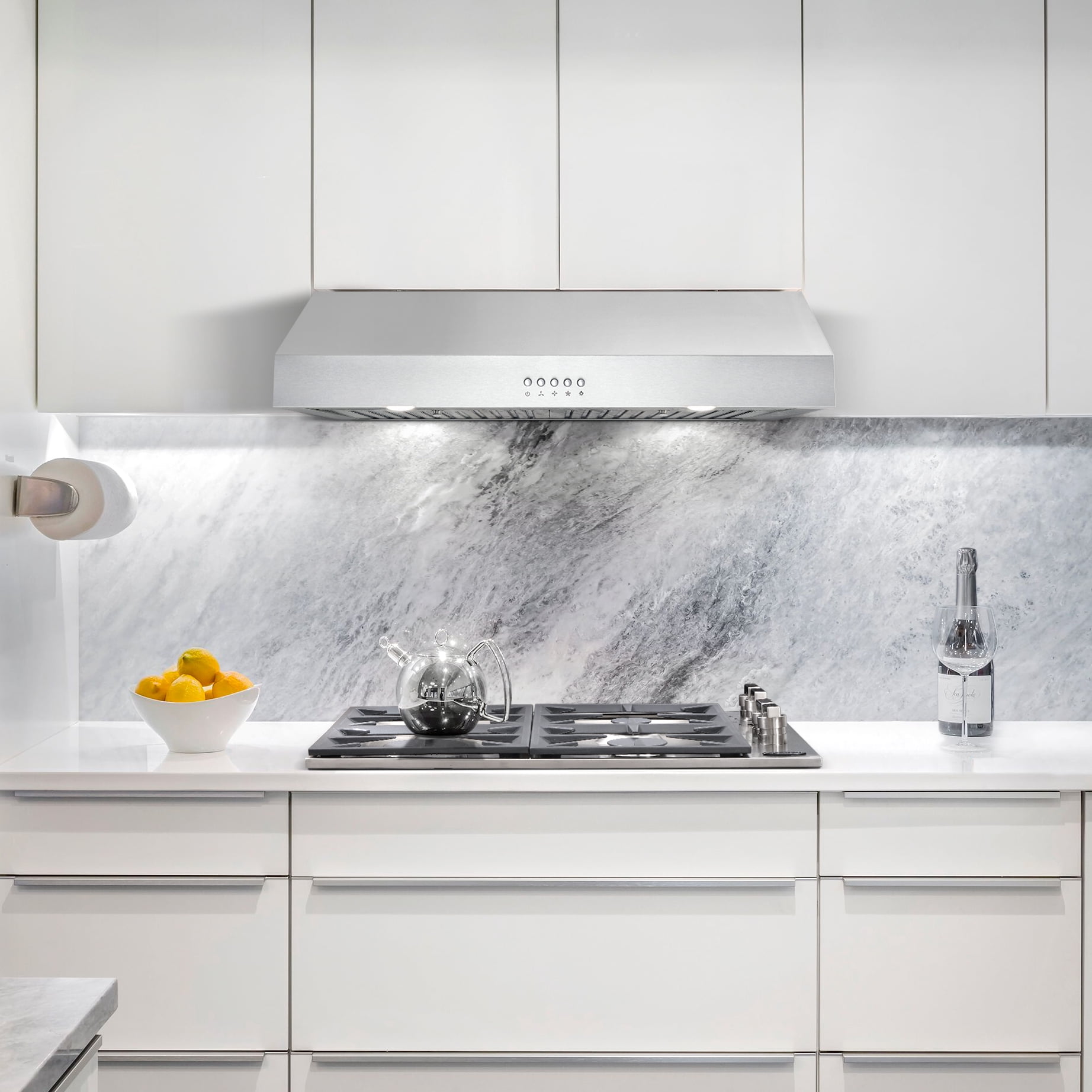 Cosmo 4 Piece Kitchen Appliance Package with 30" Freestanding Gas Range 30" Under Cabinet Range Hood 24" Built-in Dishwasher & 48 Bottle Freestanding Wine Refrigerator Kitchen Appliance Bundles
