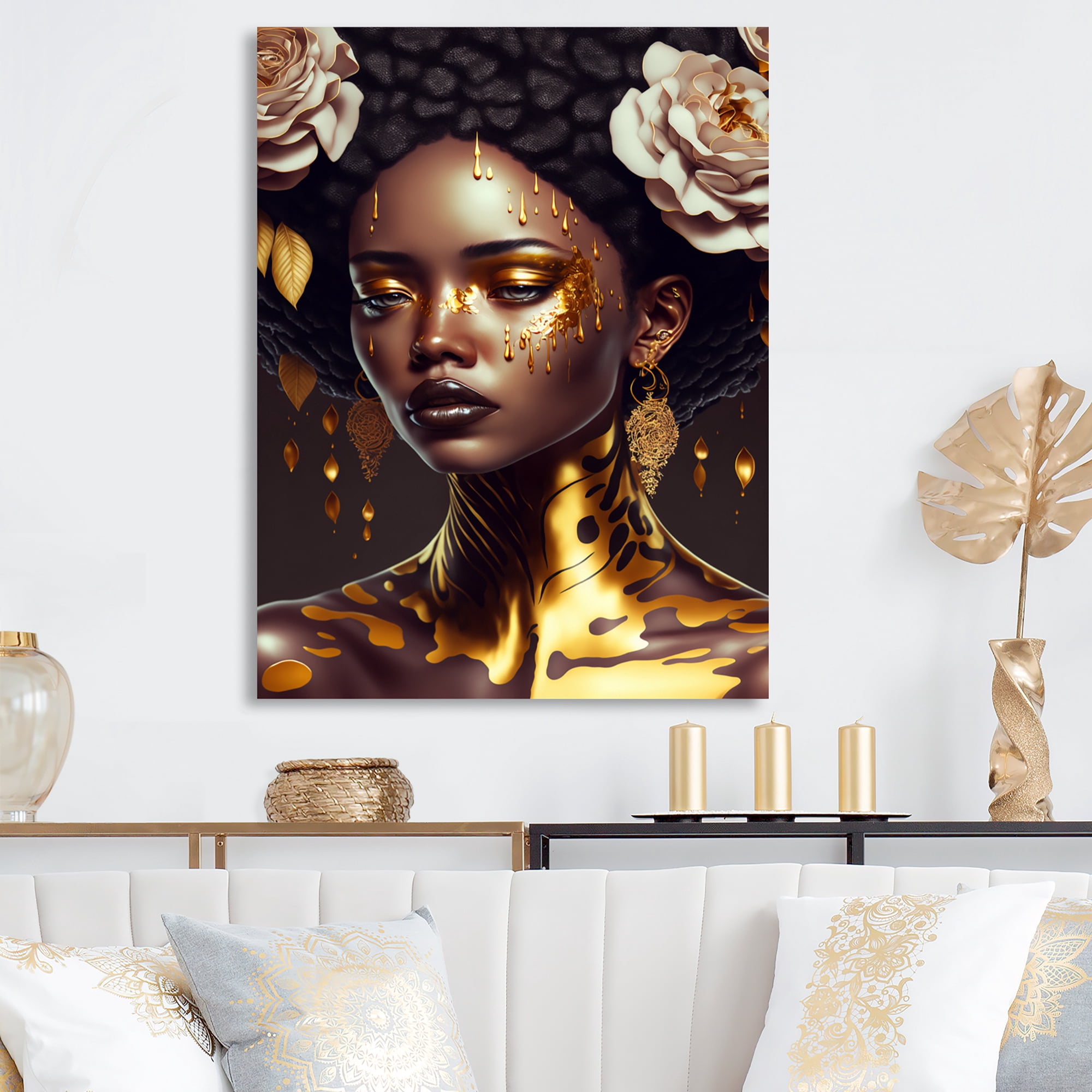 Designart Gold And Black Floral Woman VIII Canvas Wall Art