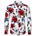 thumbnail image 3 of Camisas estampadas con flores rosas estilo retro estilo hipster para hombre, camisas casuales ajustadas de manga larga, elásticas, blusas con botones para hombre, 3 of 5