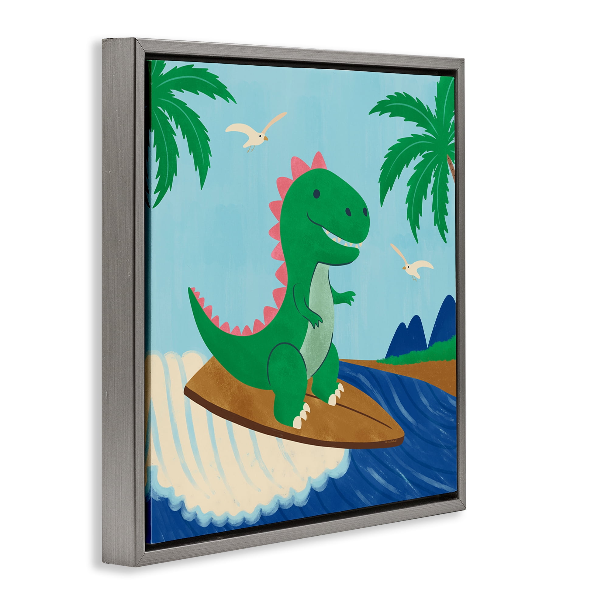 Stupell Industries Baby Surfing Dino Animals Painting Gray Floater Framed Canvas Art Print Wall Art, 25 x 25