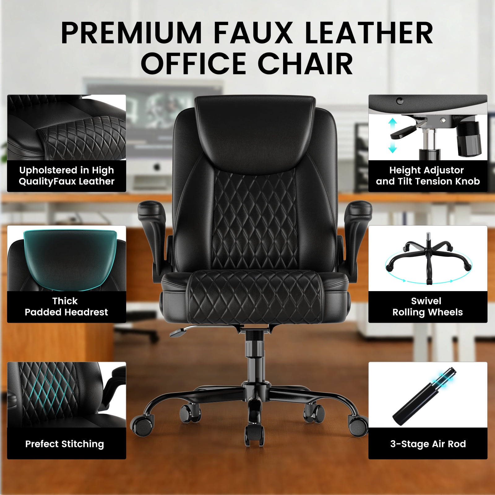 GTRACING Office Chair, 400LBS Big and Tall Home Office Chair Wide Seat Ergonomic Computer Desk Chair with Flip-up Arms, Black