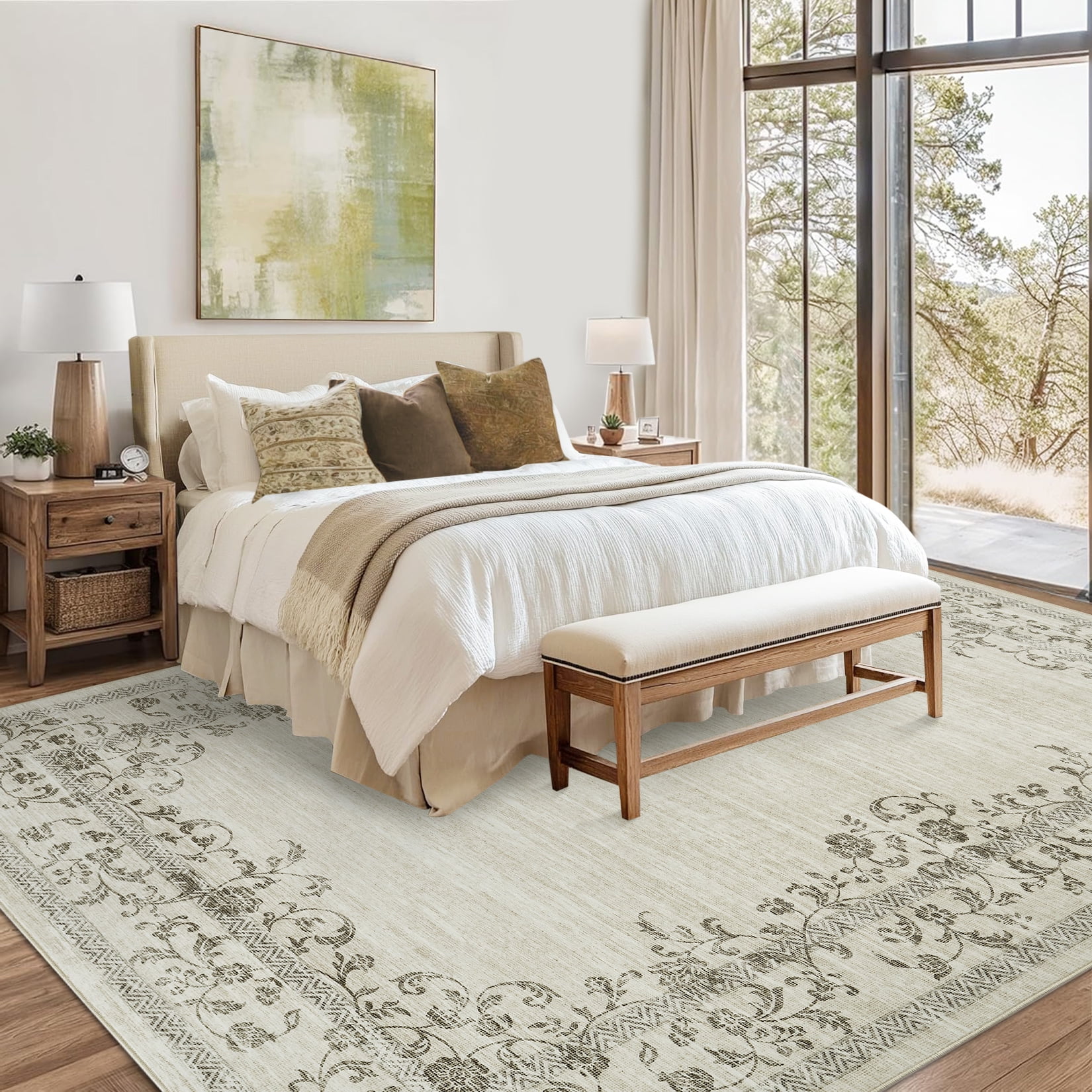 Garvee 8'x10' Area Rugs, Oriental Rug Floral Print Rugs Soft Washable Rugs for Living Room Bedroom Home Decor, Non-Slip Durable Carpet, Beige