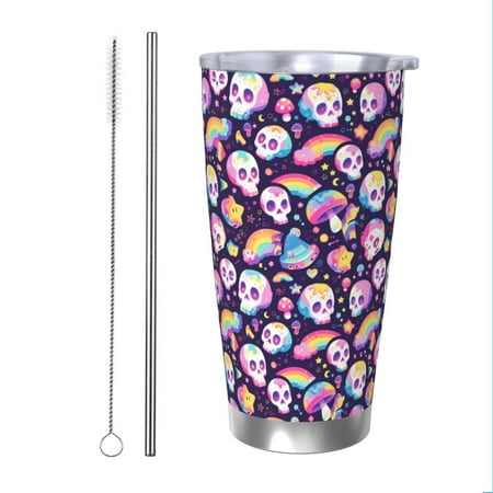 

Uemuo Skull colorful mushroom rainbow Print Travel Coffee Mug 20oz Double-walled Car Cup Stainless Steel Insulated Tumbler Leak-proof Travel Cup Reusable Straw Car Cup-Straw Two-piece Set