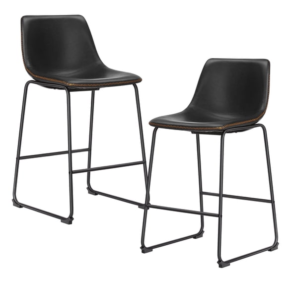 Set of 2 Counter Height Bar Stools, 26 inch Height Modern PU Leather Bar Chairs with Backrest and Metal Legs for Kitchen Island, Black