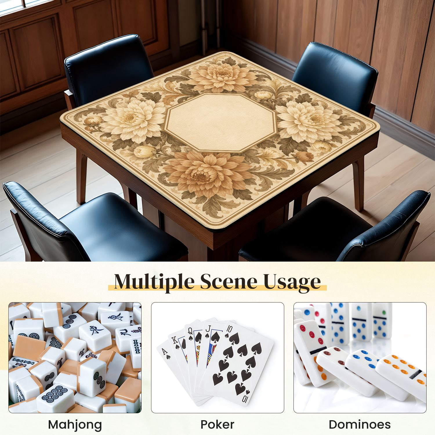 Mahjong Mat 31.5" x 31.5" Vintage Floral Frame Large Beige Brown Chrysanthemum Flowers Non-Slip Noise Reduction Mahjong Tiles Table Cover for Dominoes Poker Card Board and Tile Games