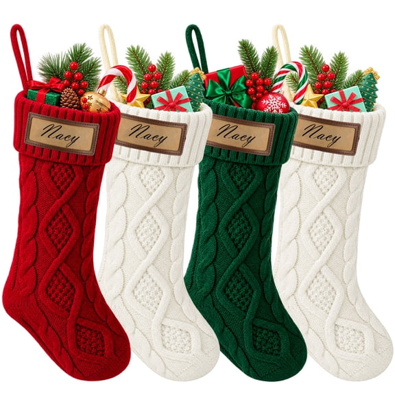 Lumikrypt 4 Pack Christmas Stockings Personalized, 18 Inch Hanging Stockings with Leather Patches, Large Knitted DIY Custom Name Stockings for Mantels, Christmas Tree Family Holiday Decor
