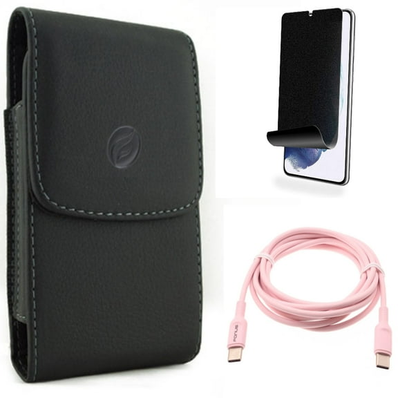 For Samsung Galaxy S21 (6.2") - [Fingerprint Works] TPU Film Privacy Screen Protector   Holster Leather Case Belt Clip   PD Fast Charger USB-C to Type-C Pink 6ft Long Cable