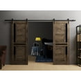 thumbnail image 3 of Sturdy Double Barn Door 84 x 80 inches with | Veregio 7588 Cognac Oak with Black Glass | 14FT Rail Hangers Heavy Set | Solid Panel Interior Doors, 3 of 5
