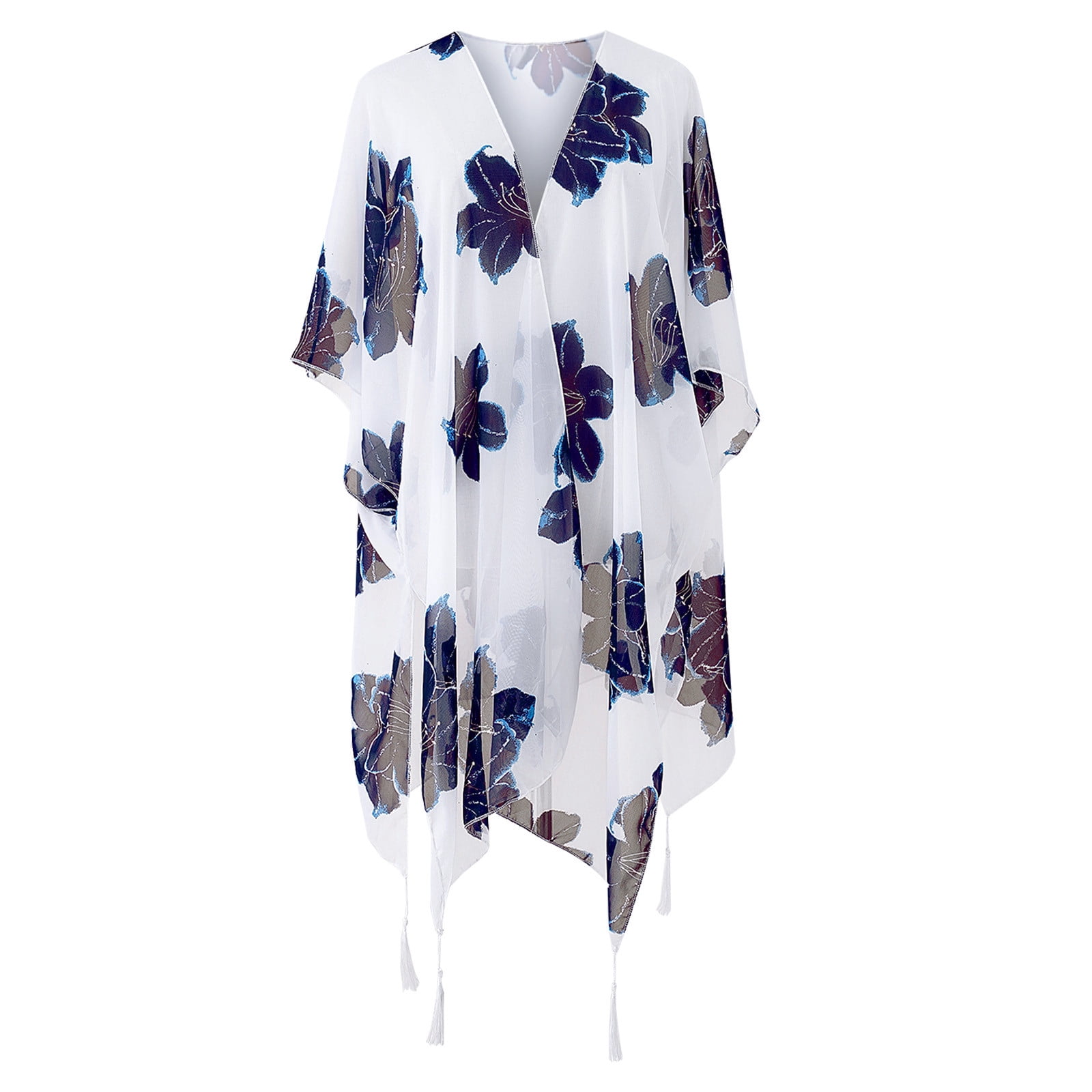 Finoceans Women's Chiffon Kimono Cover Up - Beach Cardigan, Floral, Loose Fit (XXL, Blue) - View #5