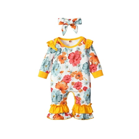 

Nokpsedcb 2PCS Infant Newborn Baby Girls Flower Pattern Ruffle Long Sleeve Romper with Bow Hairband Flower 12-18 Months