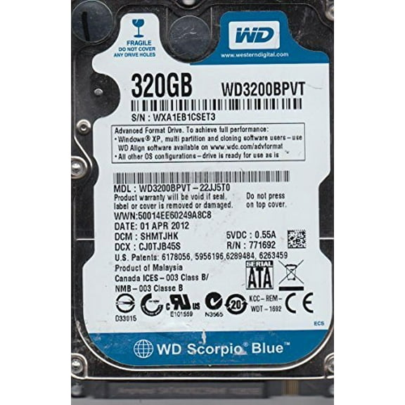 WD3200BPVT-22JJ5T0, DCM SHMTJHK, Western Digital 320GB SATA 2.5 Hard Drive