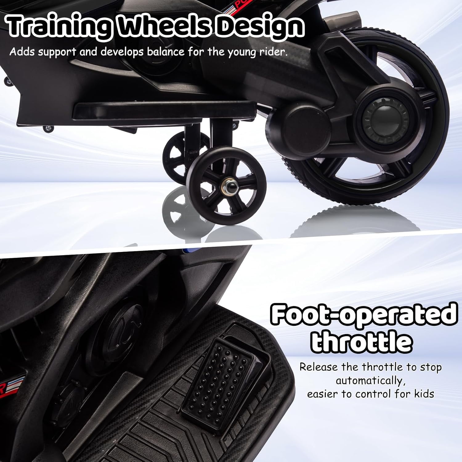 Trilenars 6V Motorcycle, Electric Ride On Car Toy with Training Wheels, Working Headlight, Horn & Music, Battery PoweRed Ride On Motorcycle Toy for Ages 3-6,Black