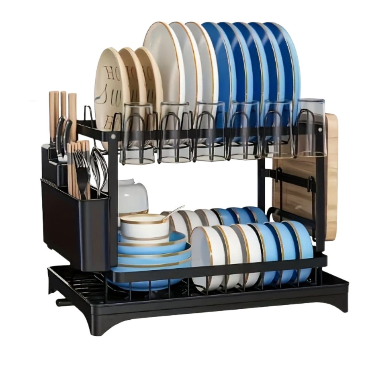 Dish Drying Rack, 2 Tier Large Dish Drying Rack for Kitchen Counter with Drainboard Stainless Steel Dish Drainer for Dish/Knifes/Cup/Cutting Board