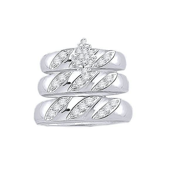 AFFY White Natural Diamond Engagement & Wedding Trio Band Ring Set In 10k White Gold (0.17 Cttw)