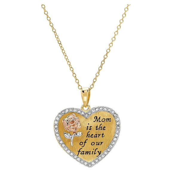 Brilliance Fine Jewelry 18KT Gold Plated Sterling Silver Crystal Concave Mom Rose Heart Pendant, 18" Necklace