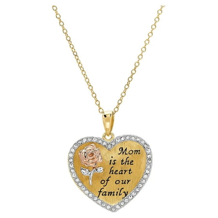Brilliance Fine Jewelry 18KT Gold Plated Sterling Silver Crystal Concave Mom Rose Heart Pendant, 18" Necklace