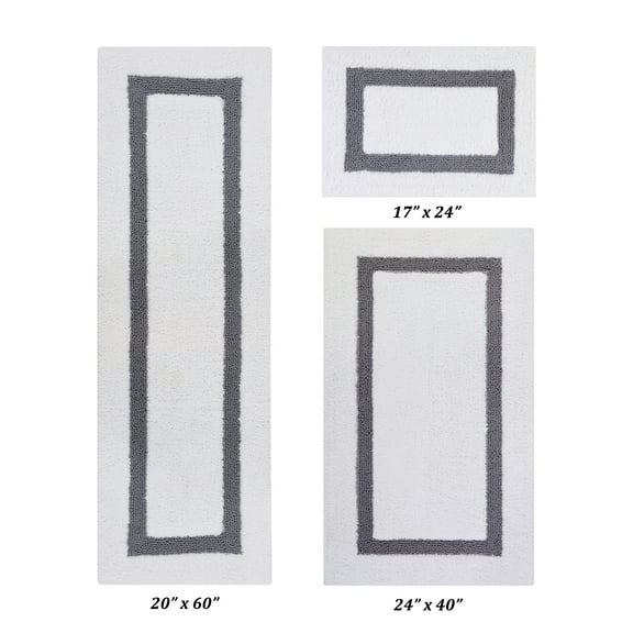 Better Trends 3 Piece Bath Rug Set 100% Cotton Tufted Bathroom Rug Water Absorbent, Reversible Machine Washable Runner Mat for Bathroom Floor Decor, Bathtub,Laundry Room Hotel Collection - White/Gray