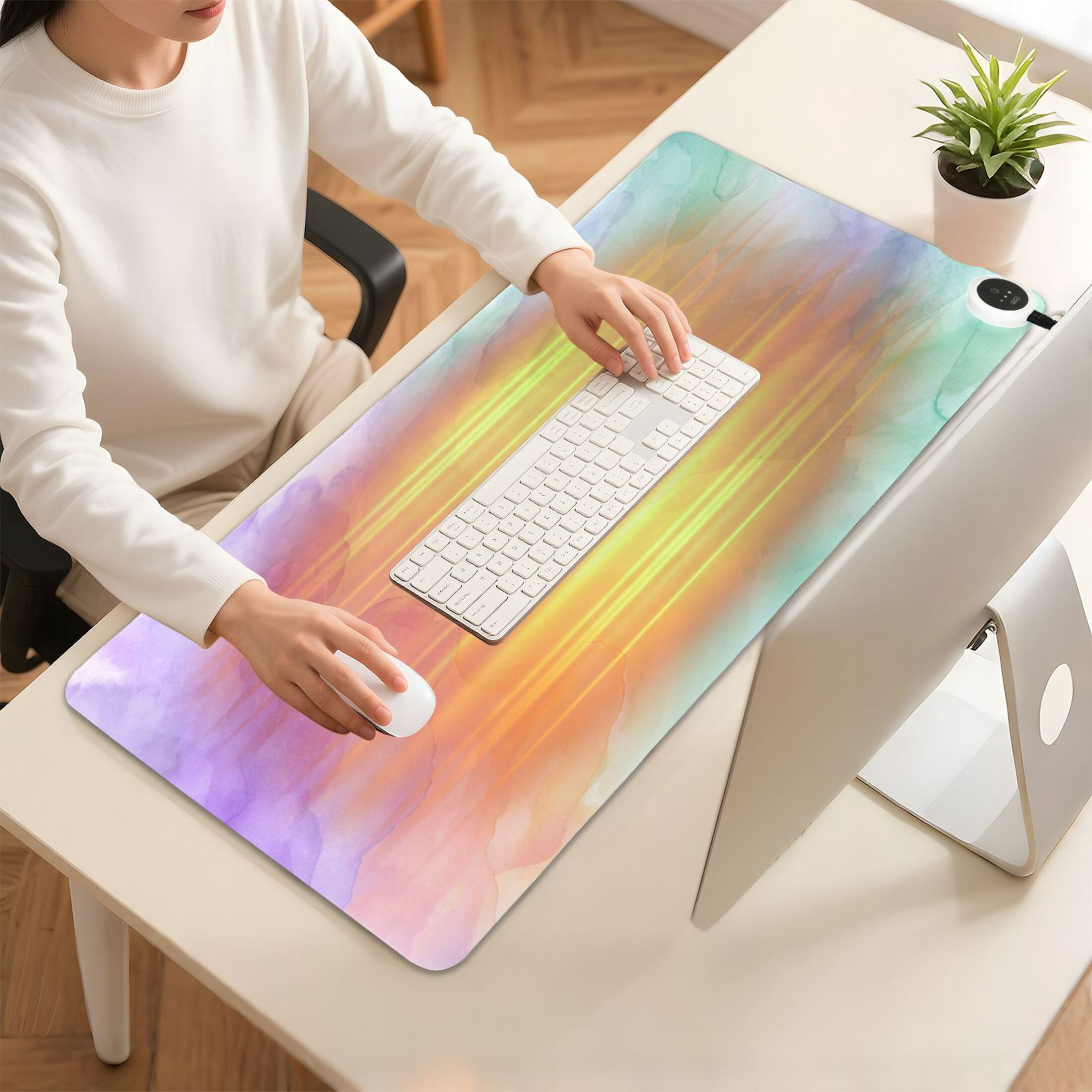 Large Heated Desk Mat Mouse Pad 31.5"x13"PU Leather Graphene Heating Desk Warmer with 3 Temperature Settings 110V US Plug Non-Slip Warm Pad for Home, Office, and Gaming Mint Peach Lavender Wash