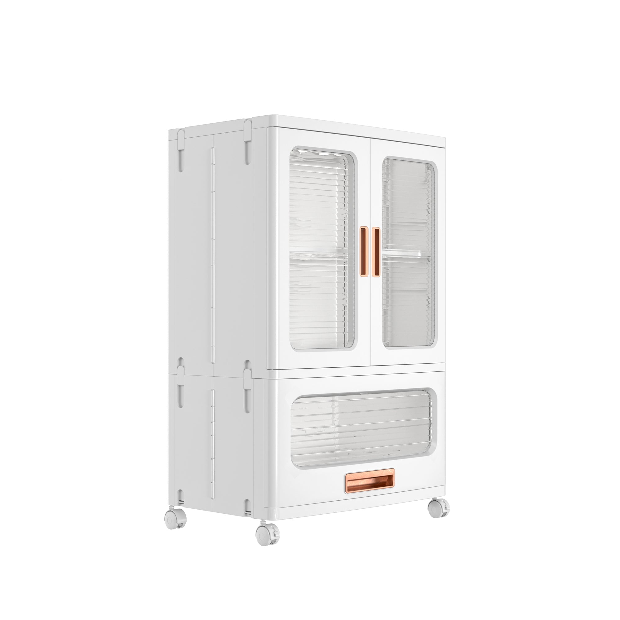 VECELO Stackable 1-Pack Storage Bins with Drawer, Storage Organizer with Wheels and Dual Door, Plastic Closet Collapsible Storage Bins for Home, Office and Dorm, White