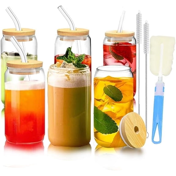 16 Oz Glass Cup with lid and glass straw. 6Pcs Can Drinking Glasses iced coffee, beer, fruit tea, soda water, and cocktails.