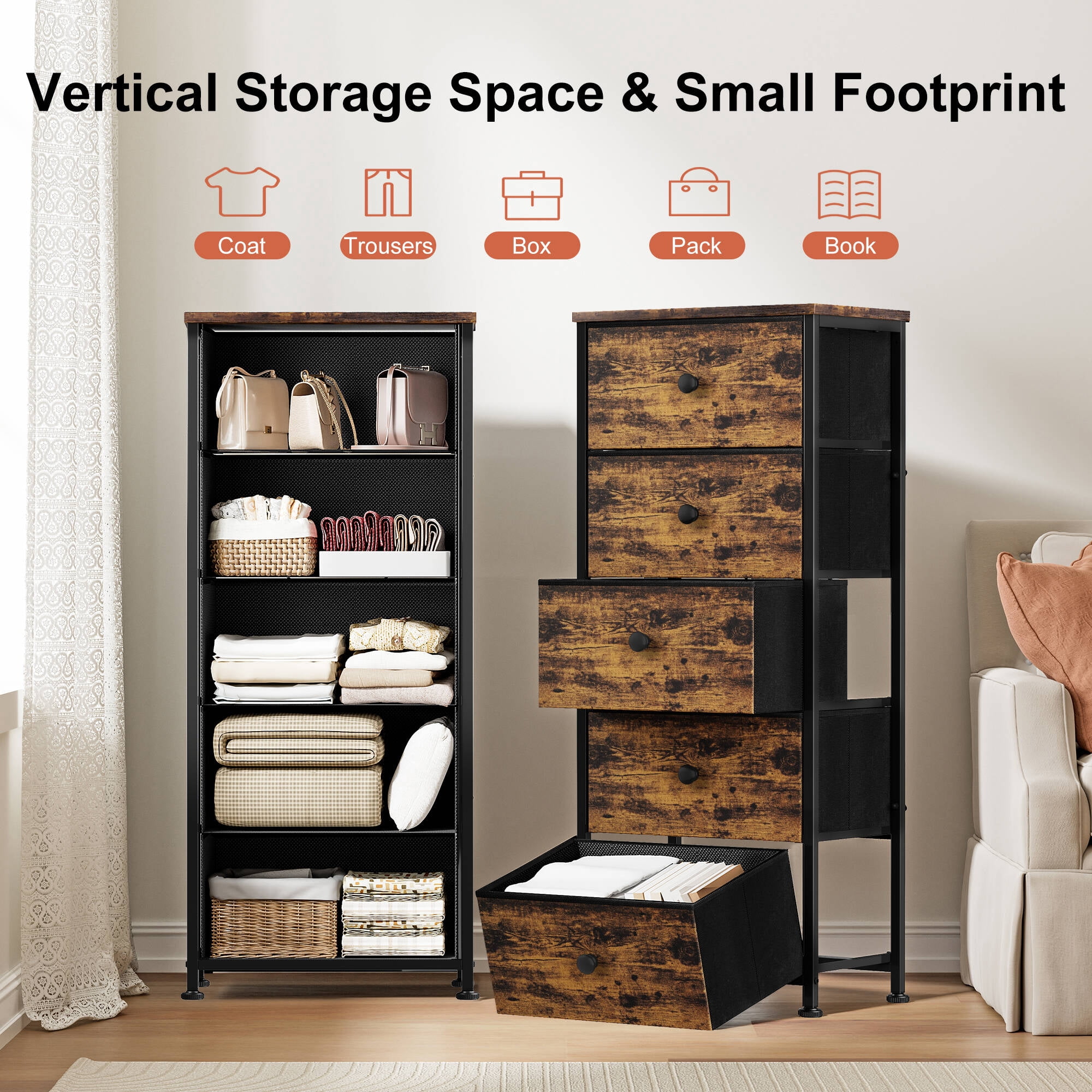 GUNAITO 5 Drawer Dresser for Bedroom Tall Narrow Chest of Drawers Fabric Storage Dresser for Adults,Rustic Brown