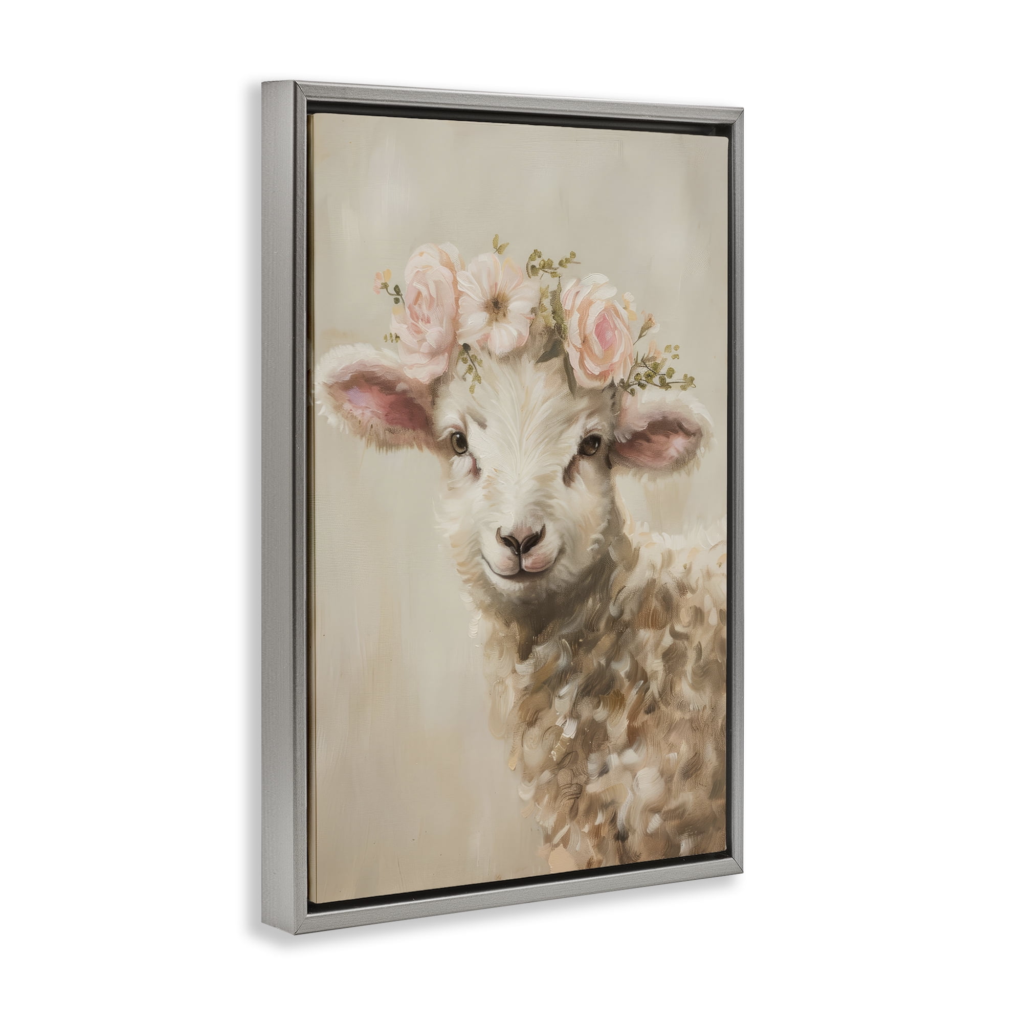 Stupell Industries Soft Floral Lamb Animals & Insects Painting Gray Floater Framed Canvas Art Print Wall Art, 17 x 25