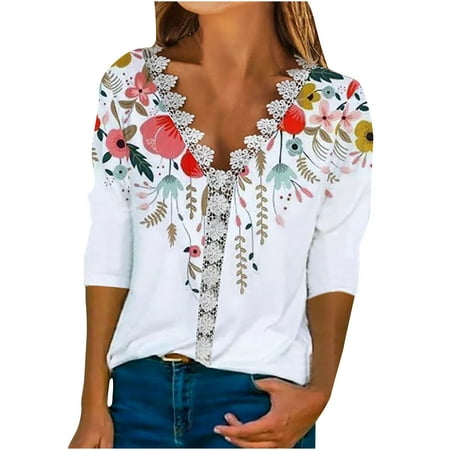 

Bospose 3/4 Sleeve Shirt Women V-Neck Shirt For Women Corset Top Lace Top White Blouse Women S Fashion Print Seeves Blouse Casual Tops Lady Loose Comfortable T-Shirt L