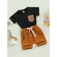 thumbnail image 4 of Toddler Baby Boy Summer Clothes Short Sleeve Striped Pocket Tshirt Top Solid Shorts Set Casual Outfits, 4 of 9