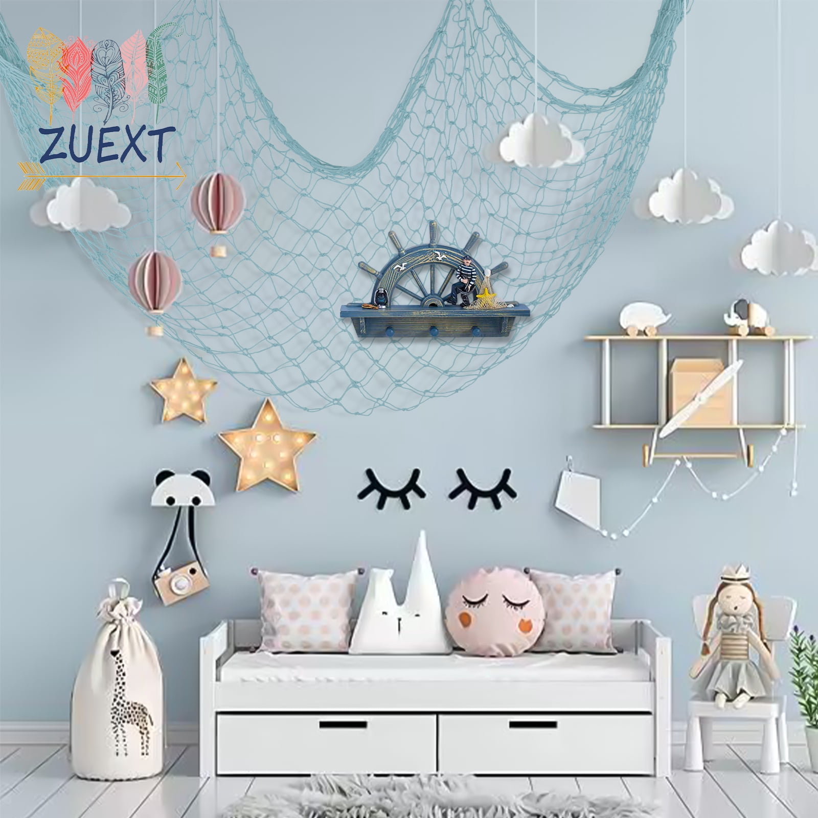 ZUEXT Aqua Fishing Net Photo Display - 79x40 Inch With 40 Clips, Nautical Wall Decor For Photos, Art, Party Themes