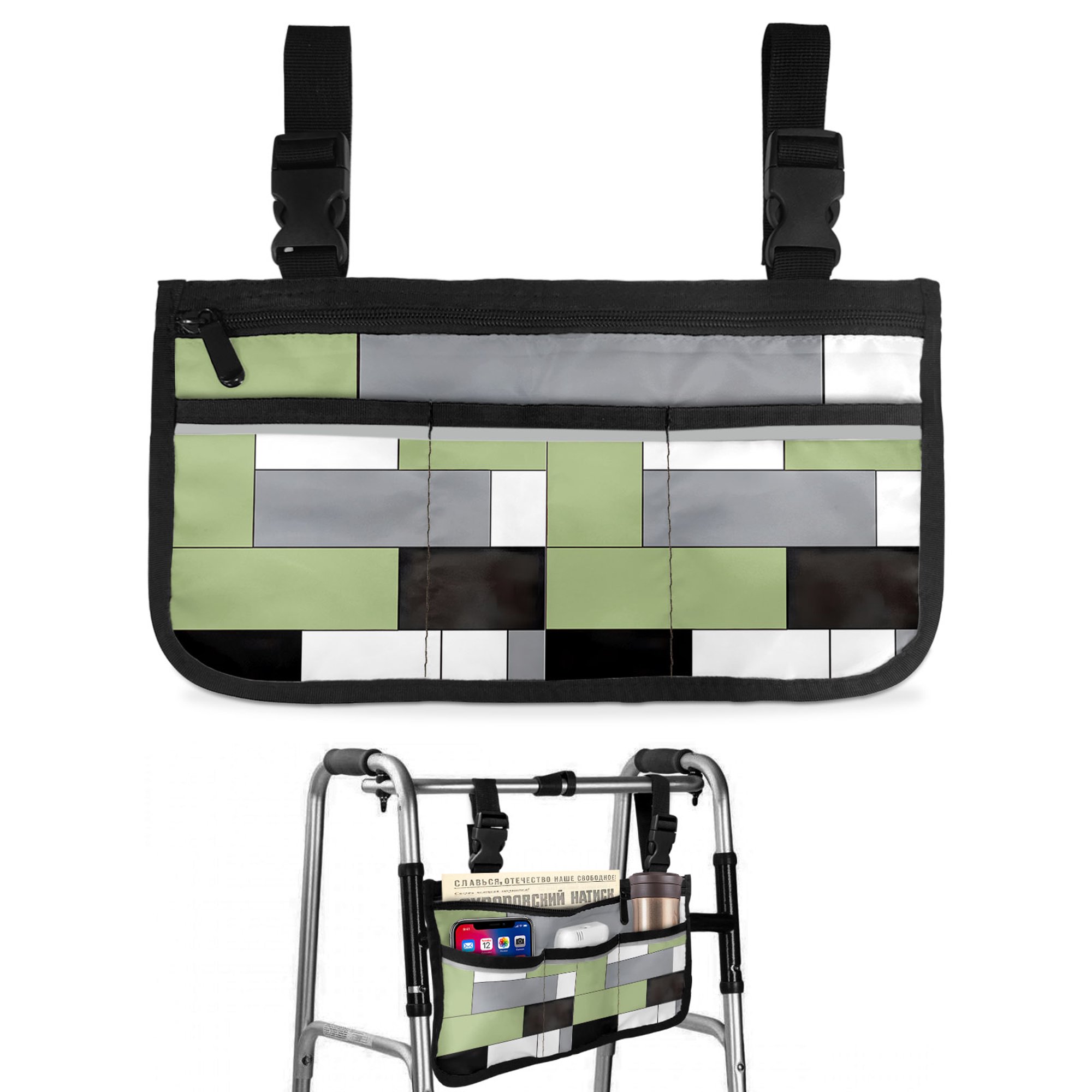Sage Green Grey Geometric Wheelchair Side Bag Walk Bag Basket, Modern Black White Abstract Art Wheelchair Accessories Armrest Pouch, Organizer Storage Bags for Walkers, Rollators, Scooters, 7.3"x13"