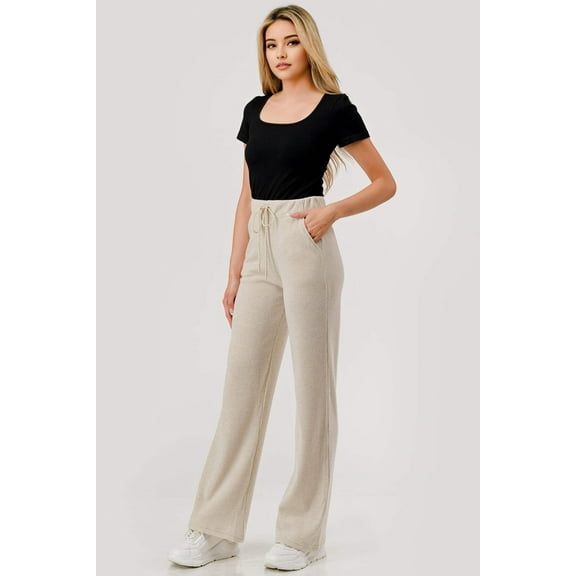 Fleece Lined Waffle Texture Straight Leg Pants - Heather Oatmeal