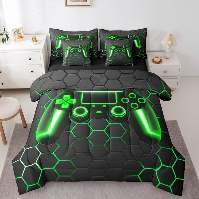 Erosebridal Gradient Geometric Bedding Sets Full Size, Green Gamepad Comforter Sets with Sheets, Gaming Player Decor, Reversible 7pcs